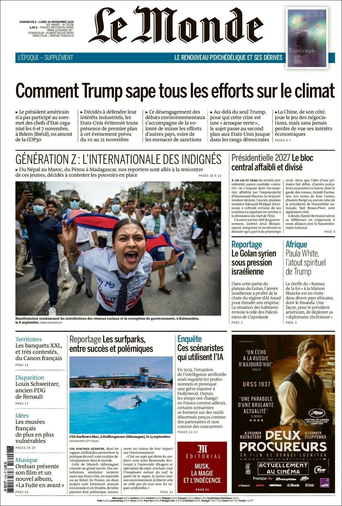 Portada de Le Monde del lunes, 10 de noviembre de 2025