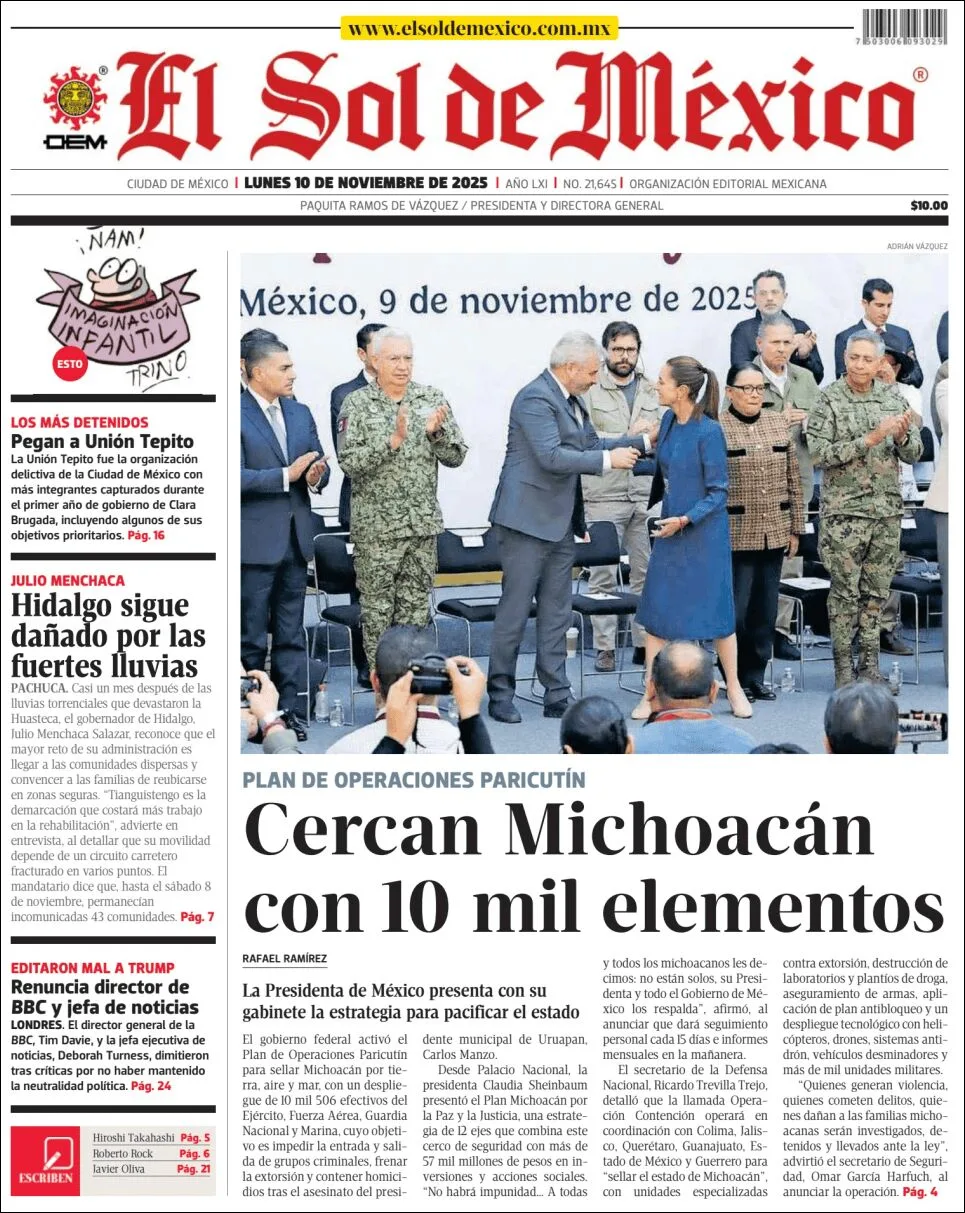 Portada de El Sol de Mexico del lunes, 10 de noviembre de 2025