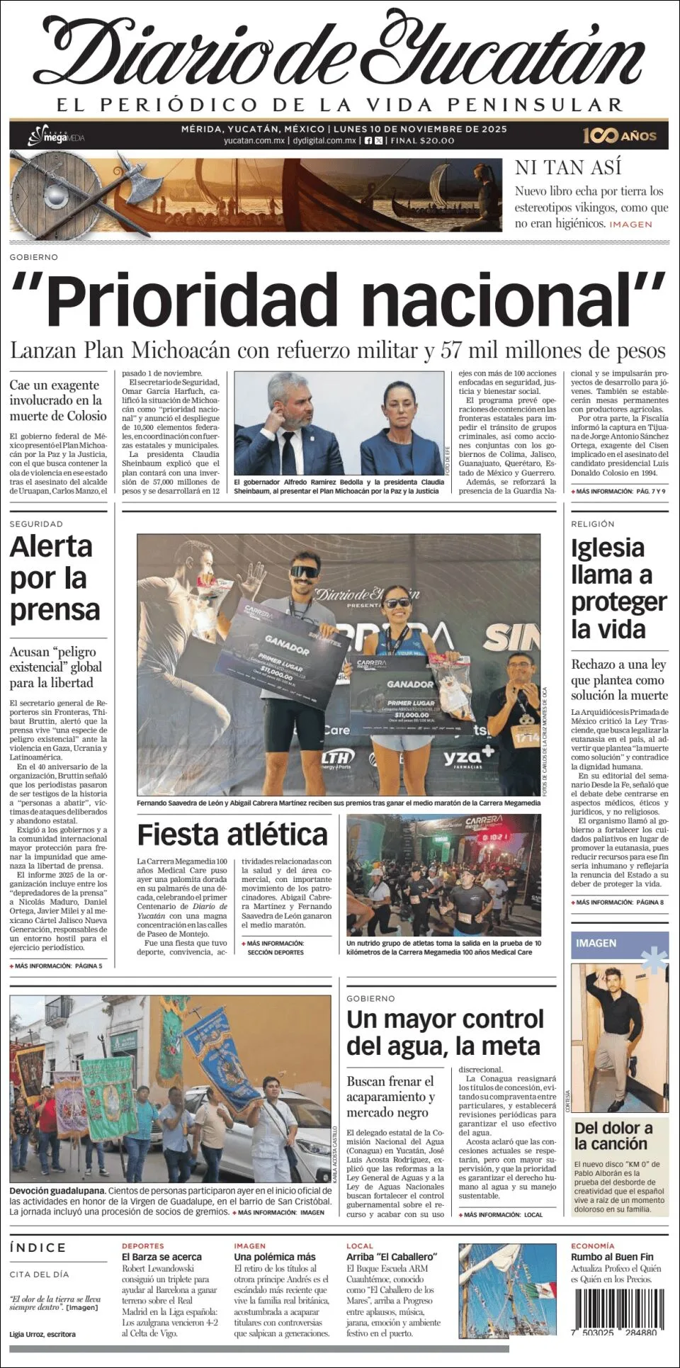 Portada de Diario de Yucatán del lunes, 10 de noviembre de 2025