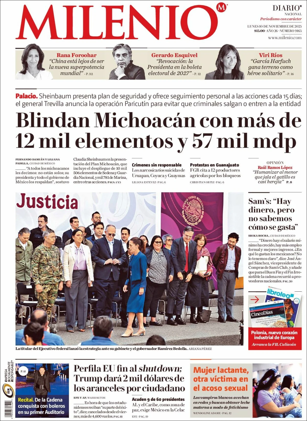 Portada de Milenio del lunes, 10 de noviembre de 2025