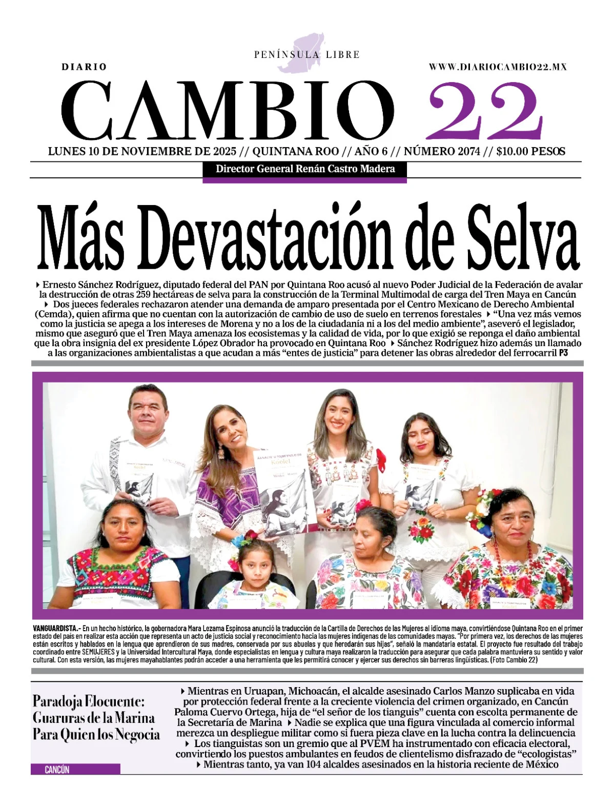 Portada de Diario Cambio 22 (portada) del lunes, 10 de noviembre de 2025