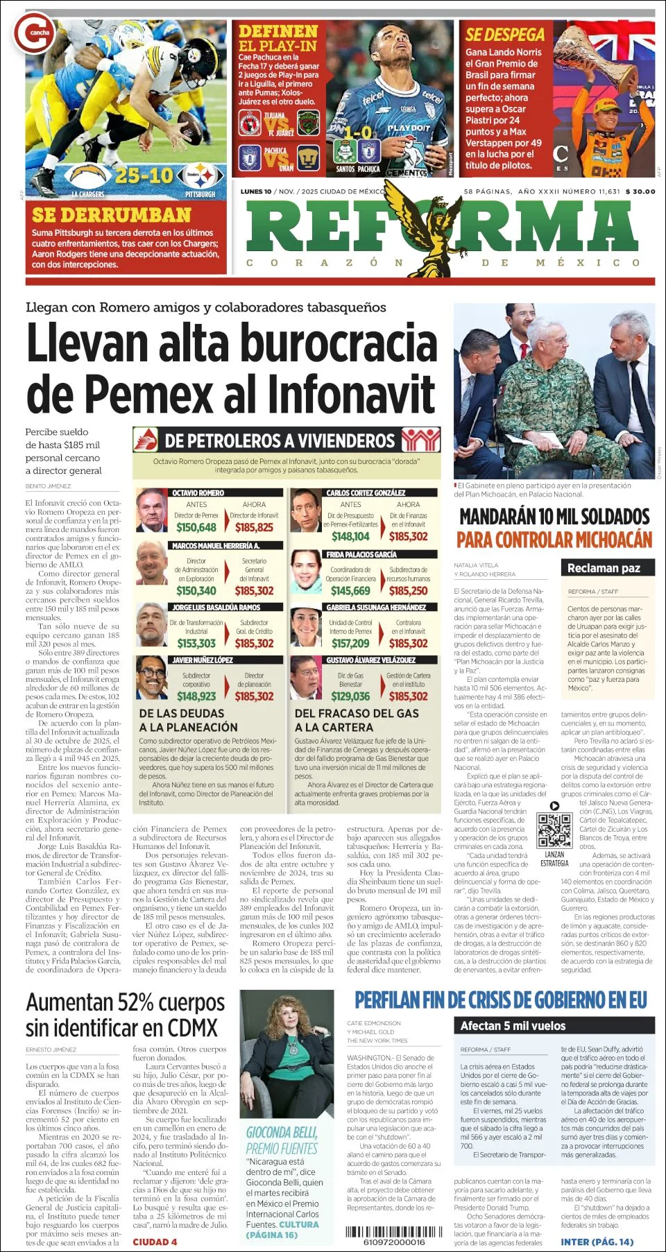 Portada de Reforma del lunes, 10 de noviembre de 2025