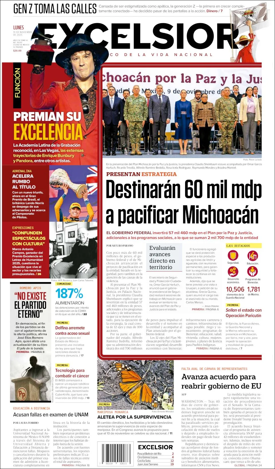 Portada de Excelsior del lunes, 10 de noviembre de 2025