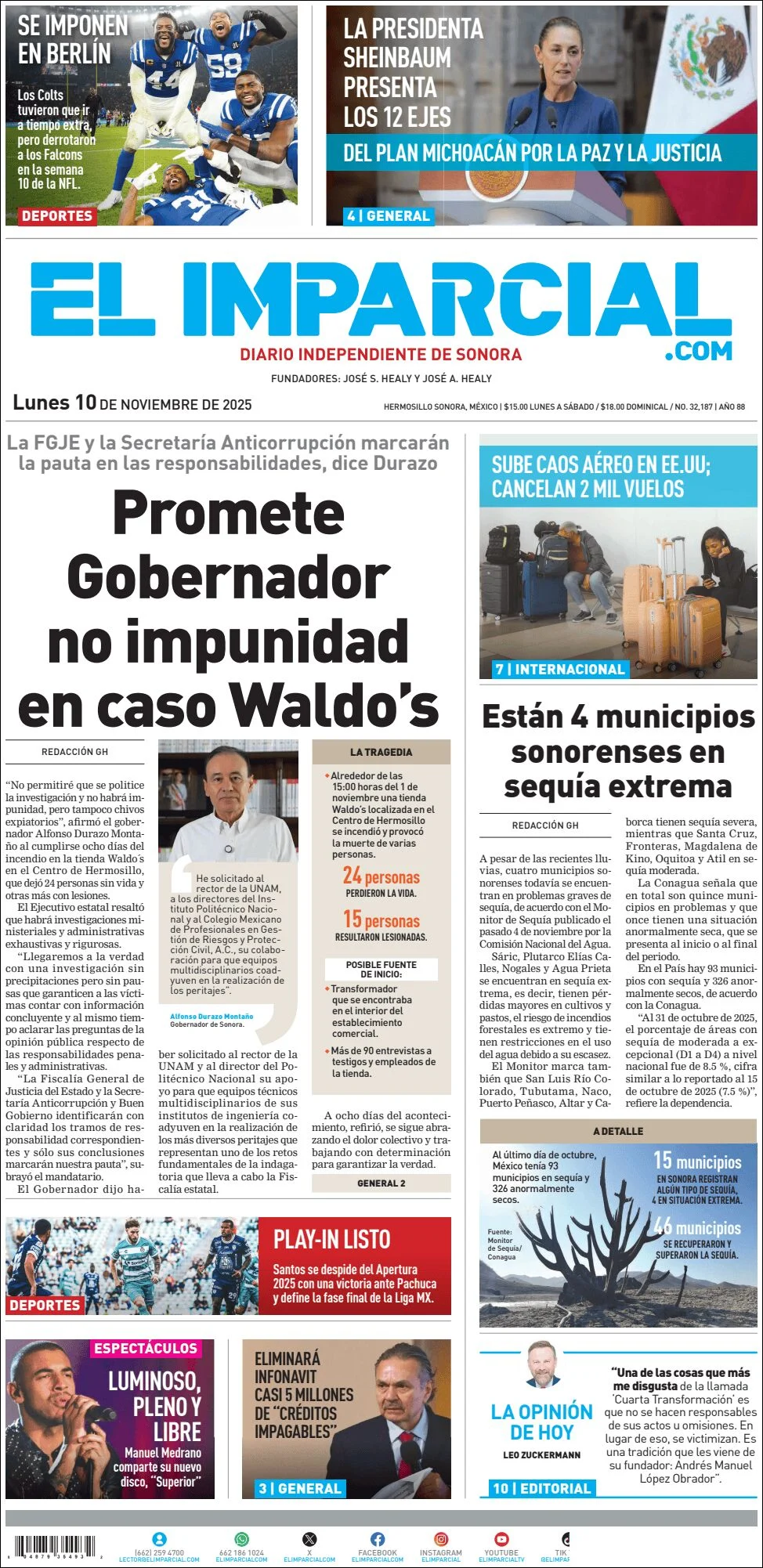 Portada de El Imparcial del lunes, 10 de noviembre de 2025