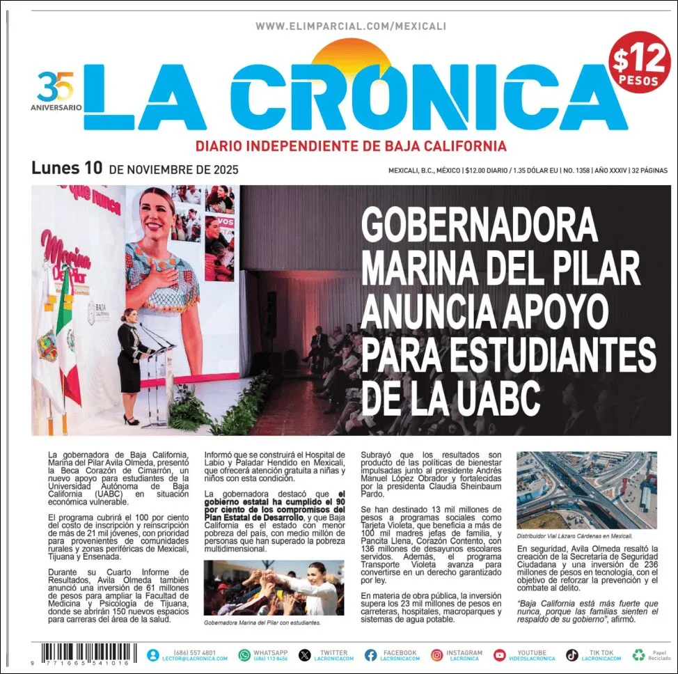 Portada de La Cronica del lunes, 10 de noviembre de 2025