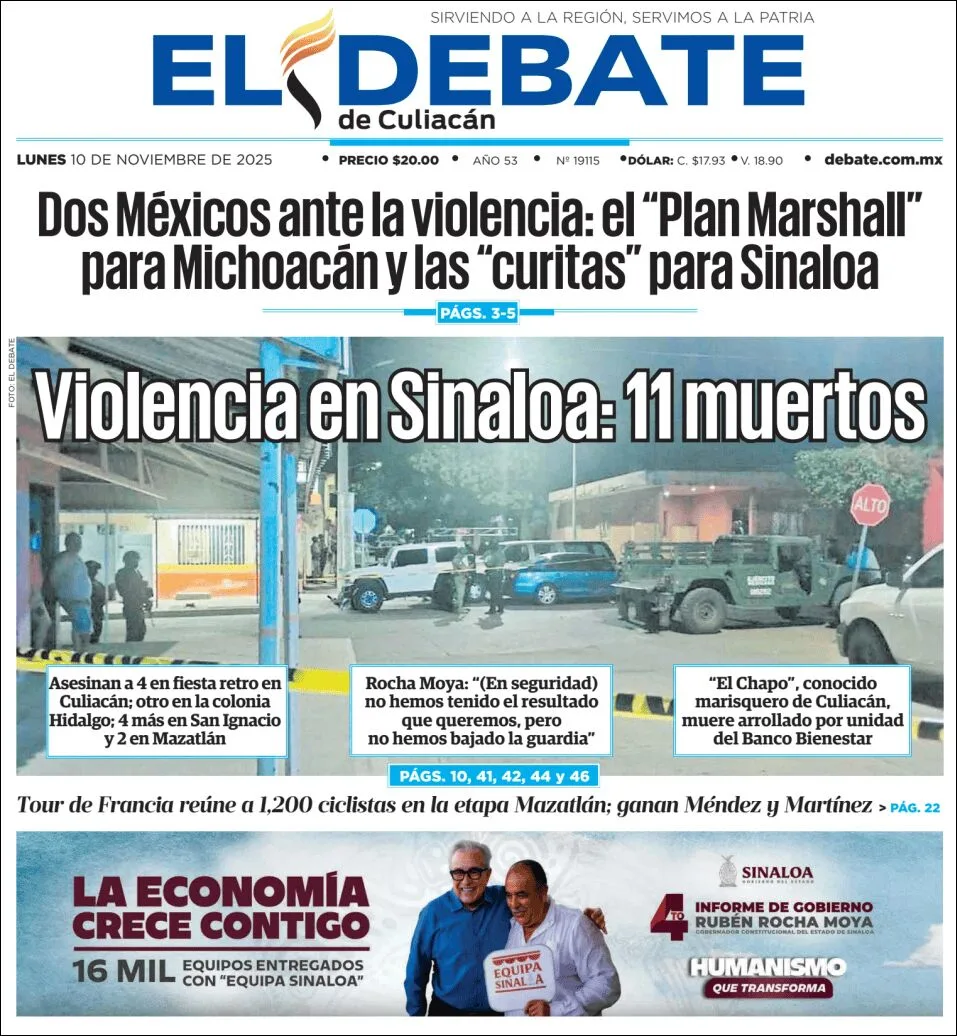 Portada de El Debate de Culiacan del lunes, 10 de noviembre de 2025