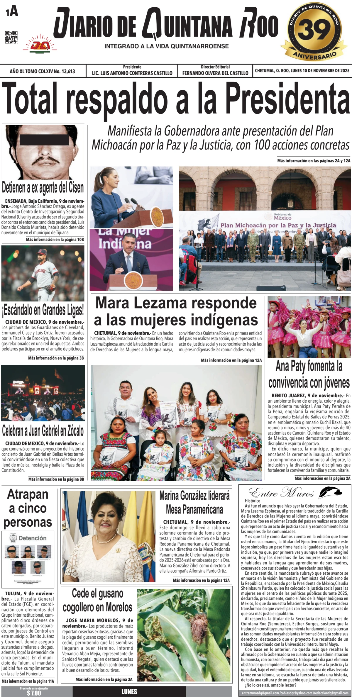 Portada de Diario de Quintana Roo (portada) del lunes, 10 de noviembre de 2025