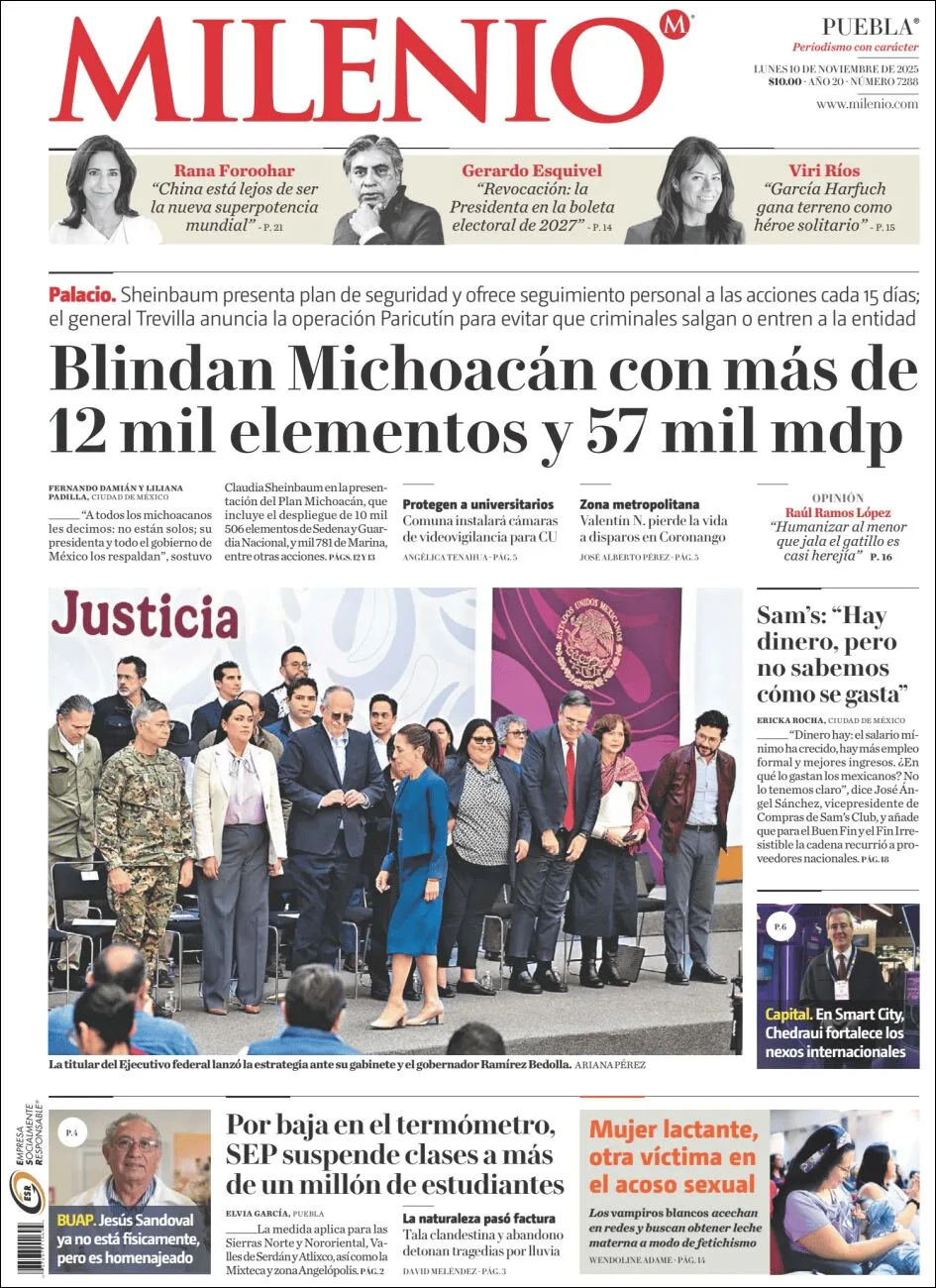 Portada de Milenio Puebla del lunes, 10 de noviembre de 2025