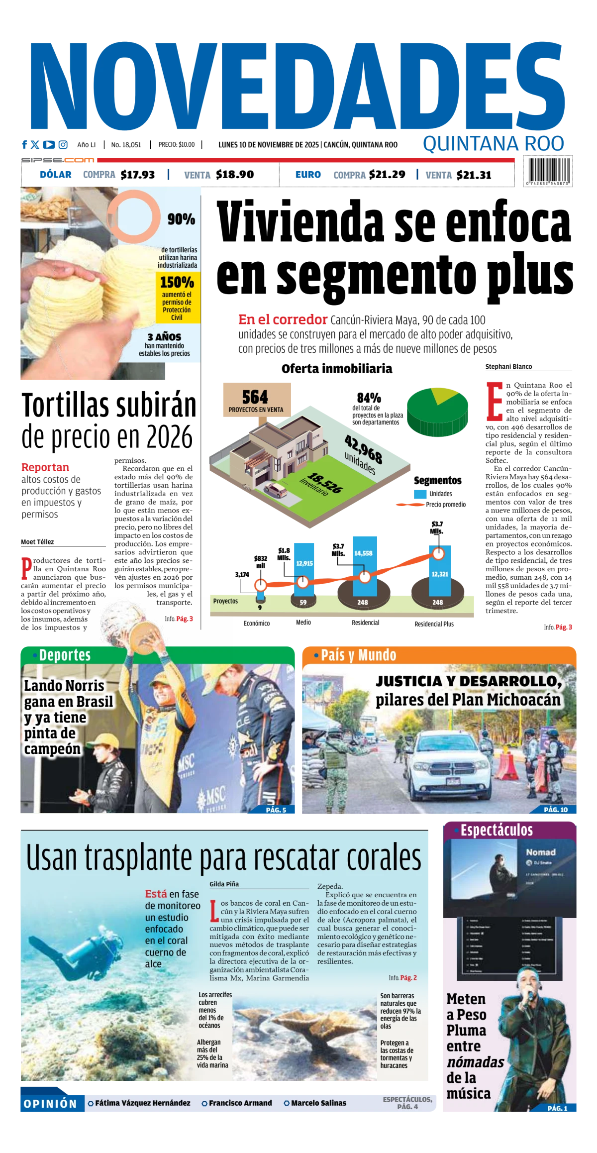 Portada de Novedades Quintana Roo del lunes, 10 de noviembre de 2025