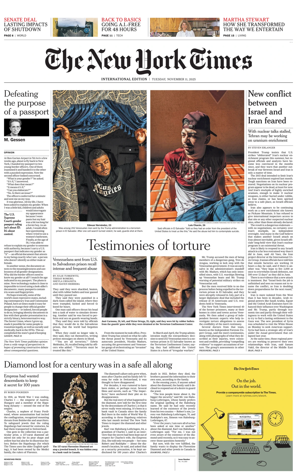 Portada de The New York Times (international) del martes, 11 de noviembre de 2025