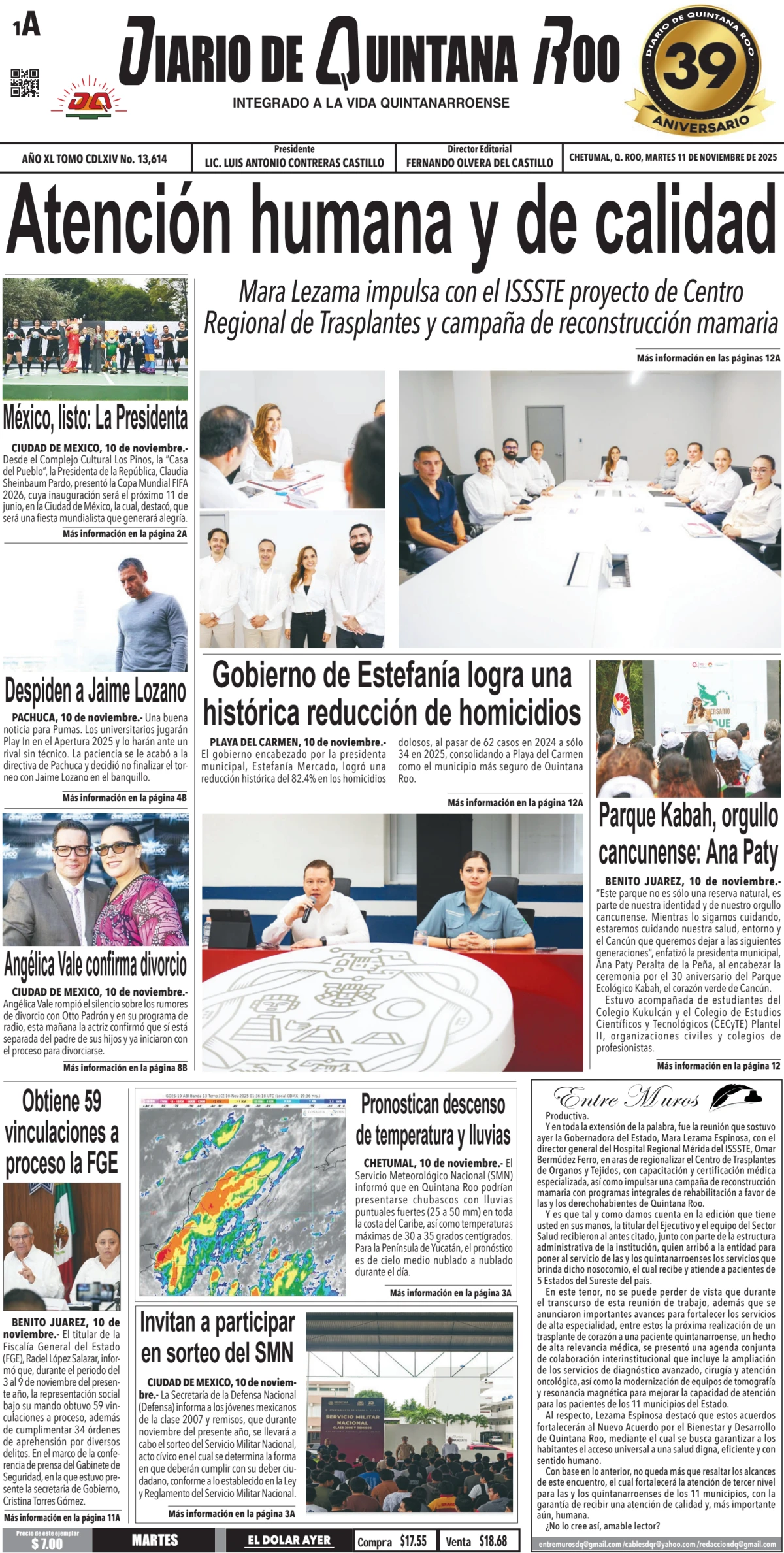Portada de Diario de Quintana Roo (portada) del martes, 11 de noviembre de 2025
