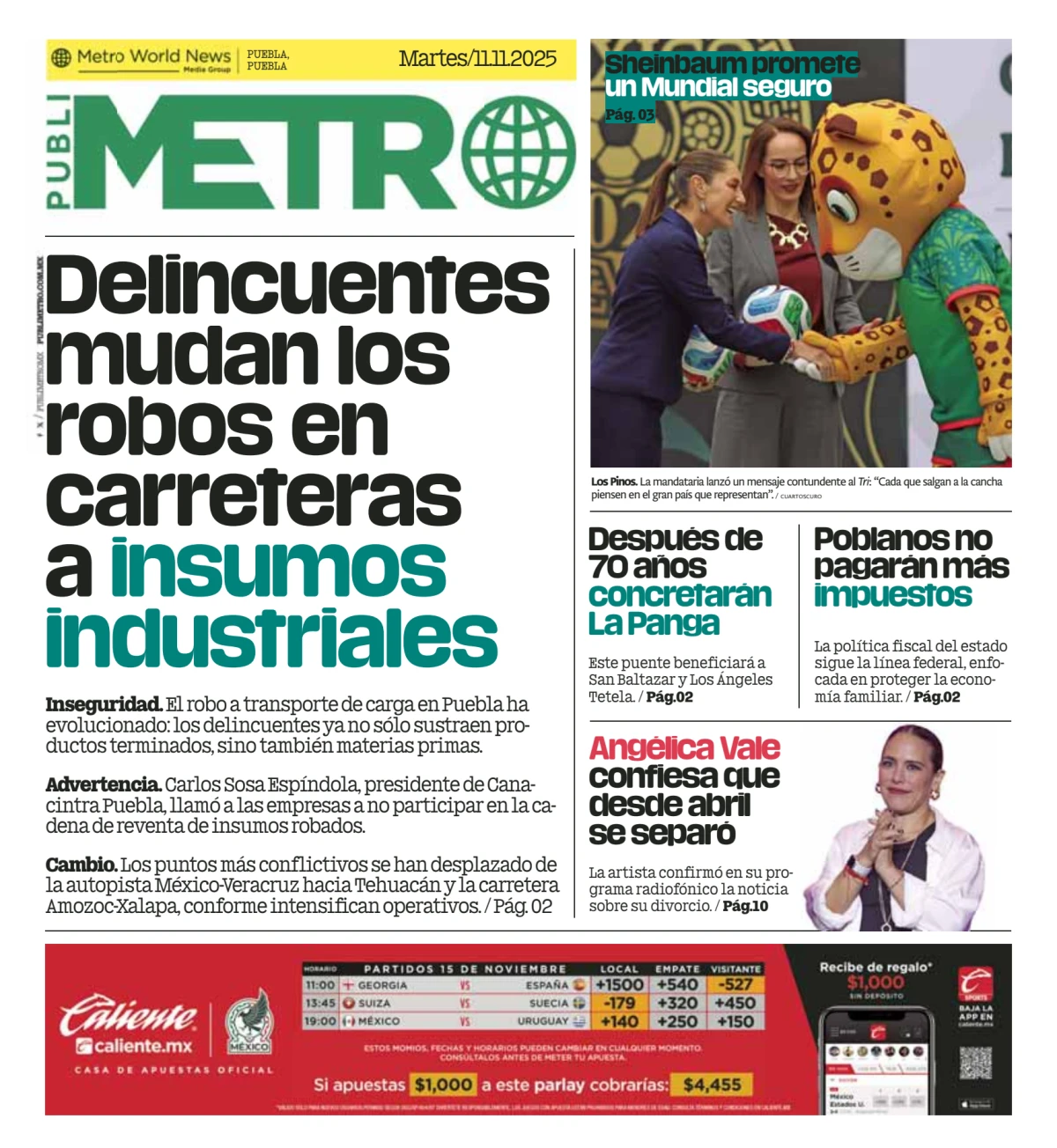 Portada de Publimetro Puebla del martes, 11 de noviembre de 2025