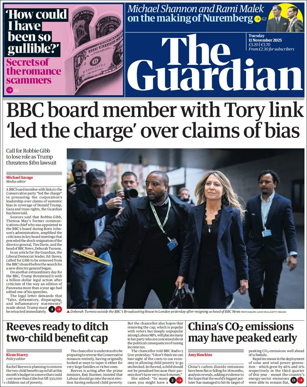 Portada de The Guardian (reino Unido) del martes, 11 de noviembre de 2025