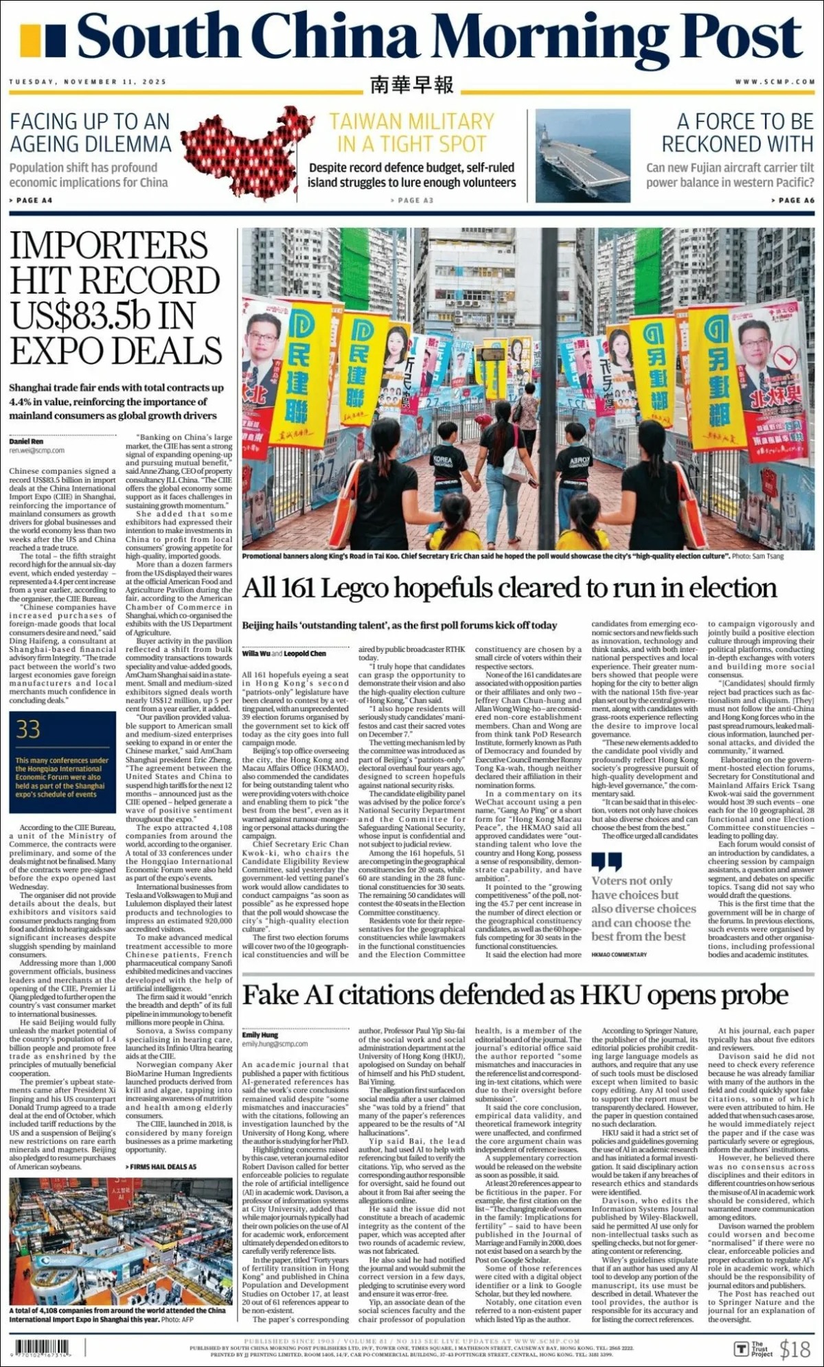 Portada de South China Morning Post del martes, 11 de noviembre de 2025