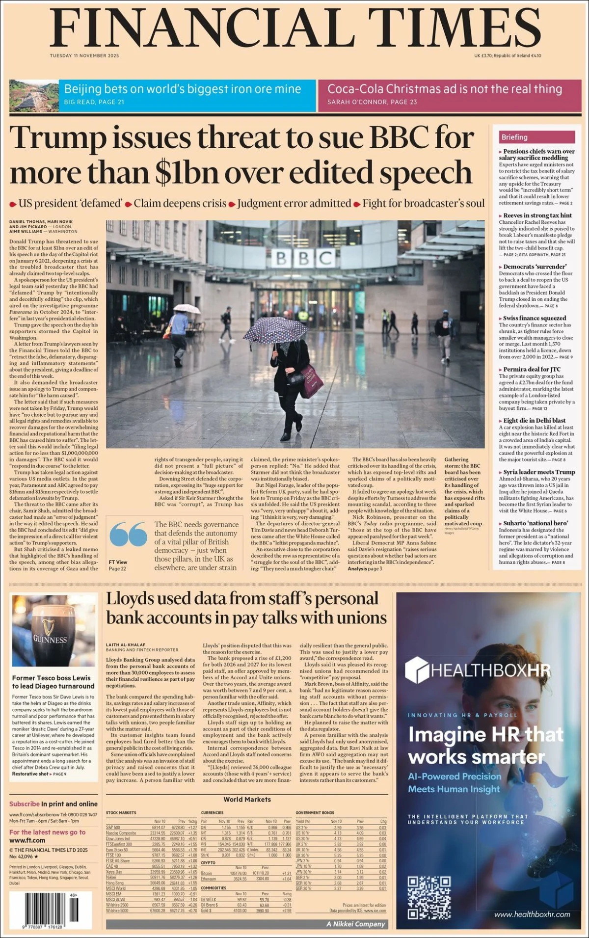 Portada de Financial Times del martes, 11 de noviembre de 2025