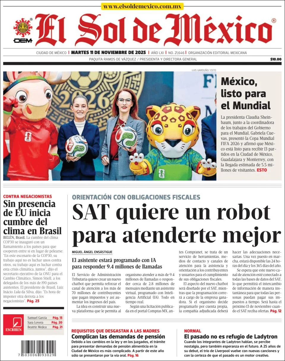 Portada de El Sol de Mexico del martes, 11 de noviembre de 2025