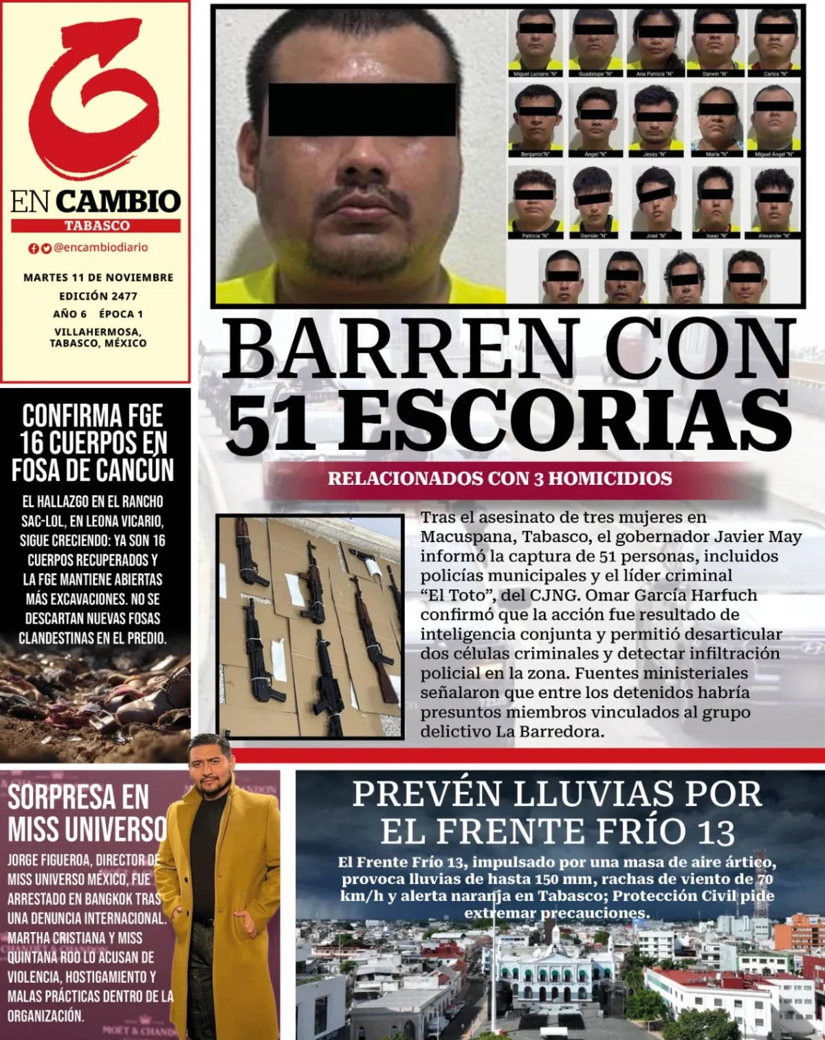 Portada de En Cambio - Tabasco (contraportada) del martes, 11 de noviembre de 2025