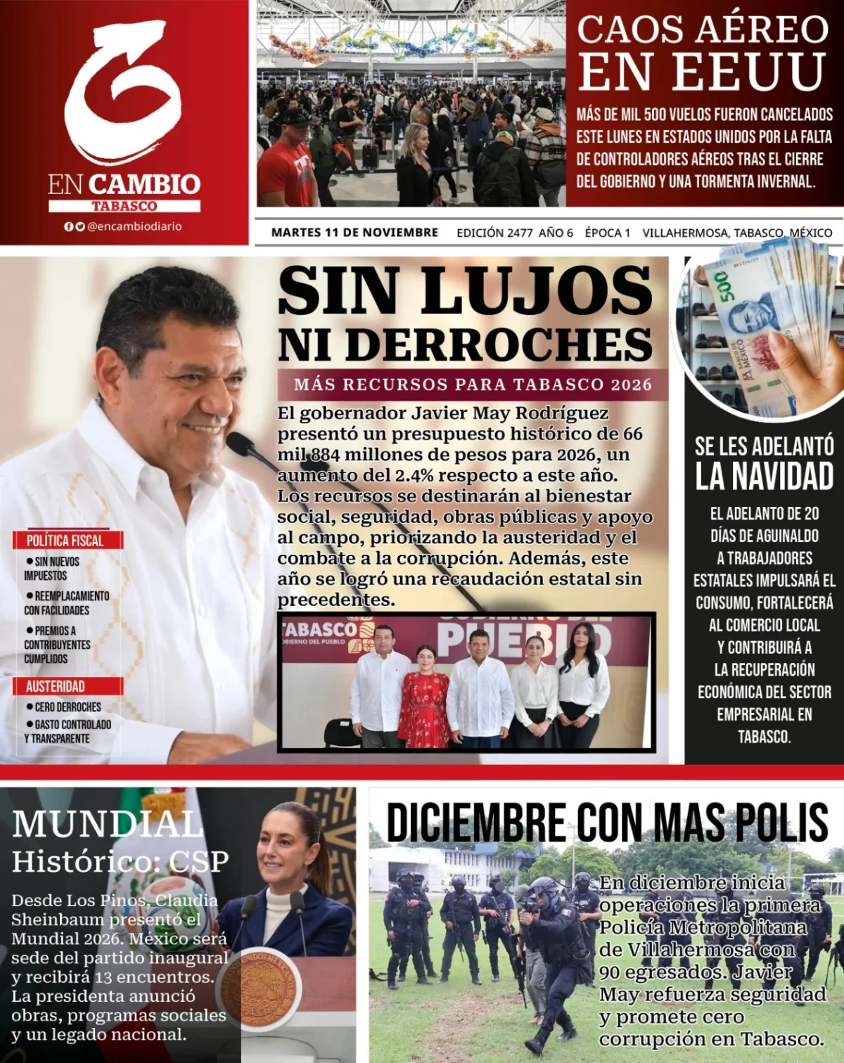 Portada de En Cambio - Tabasco (portada) del martes, 11 de noviembre de 2025