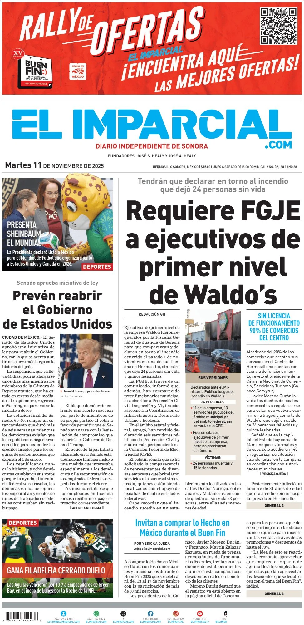 Portada de El Imparcial del martes, 11 de noviembre de 2025