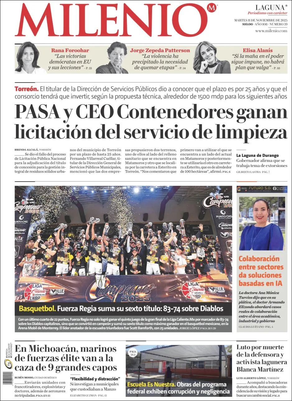 Portada de Milenio Laguna del martes, 11 de noviembre de 2025