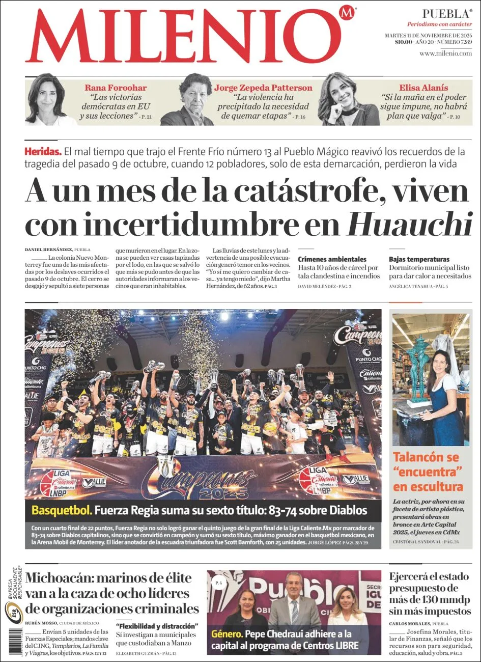 Portada de Milenio Puebla del martes, 11 de noviembre de 2025