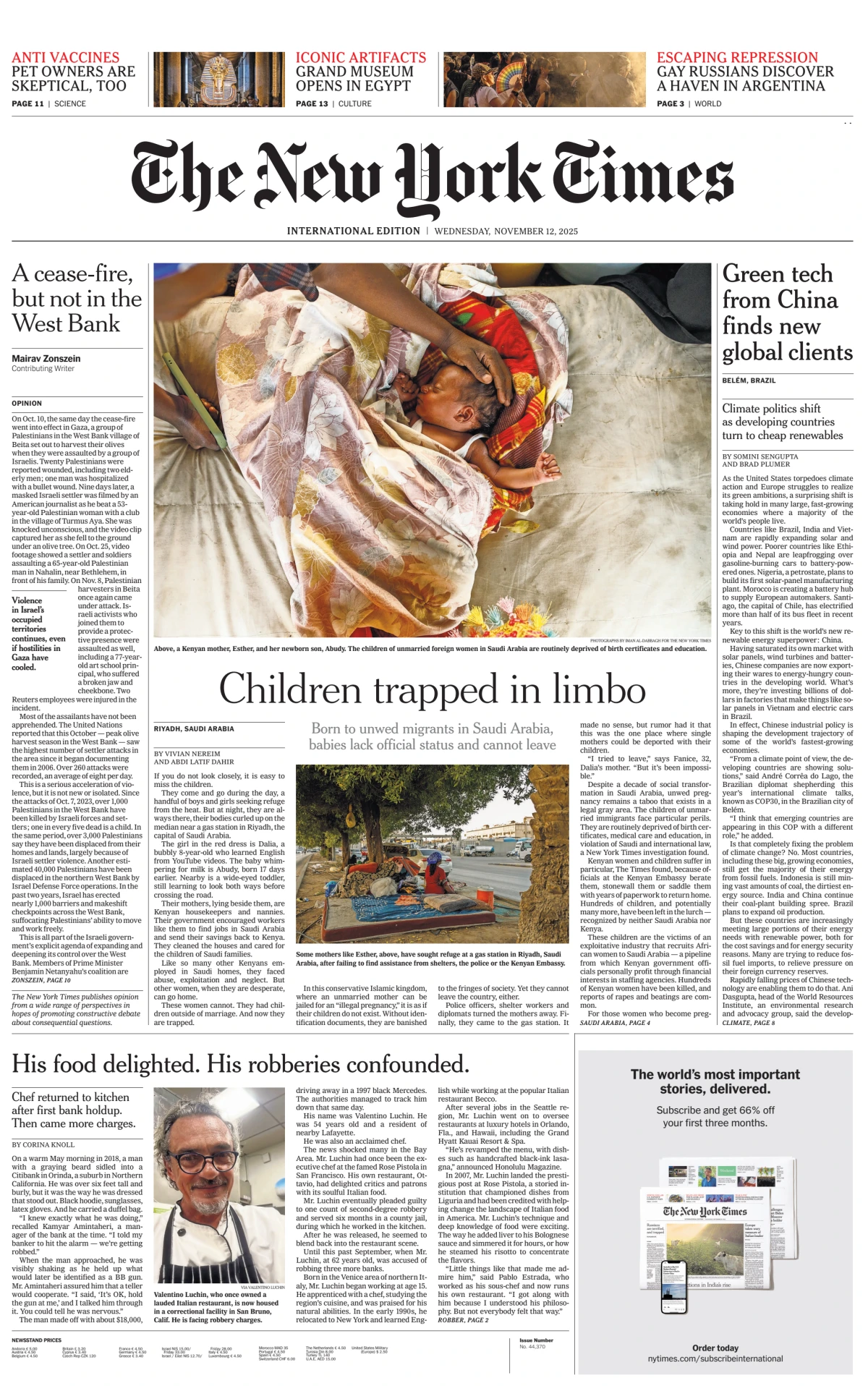 Portada de The New York Times (international) del miércoles, 12 de noviembre de 2025