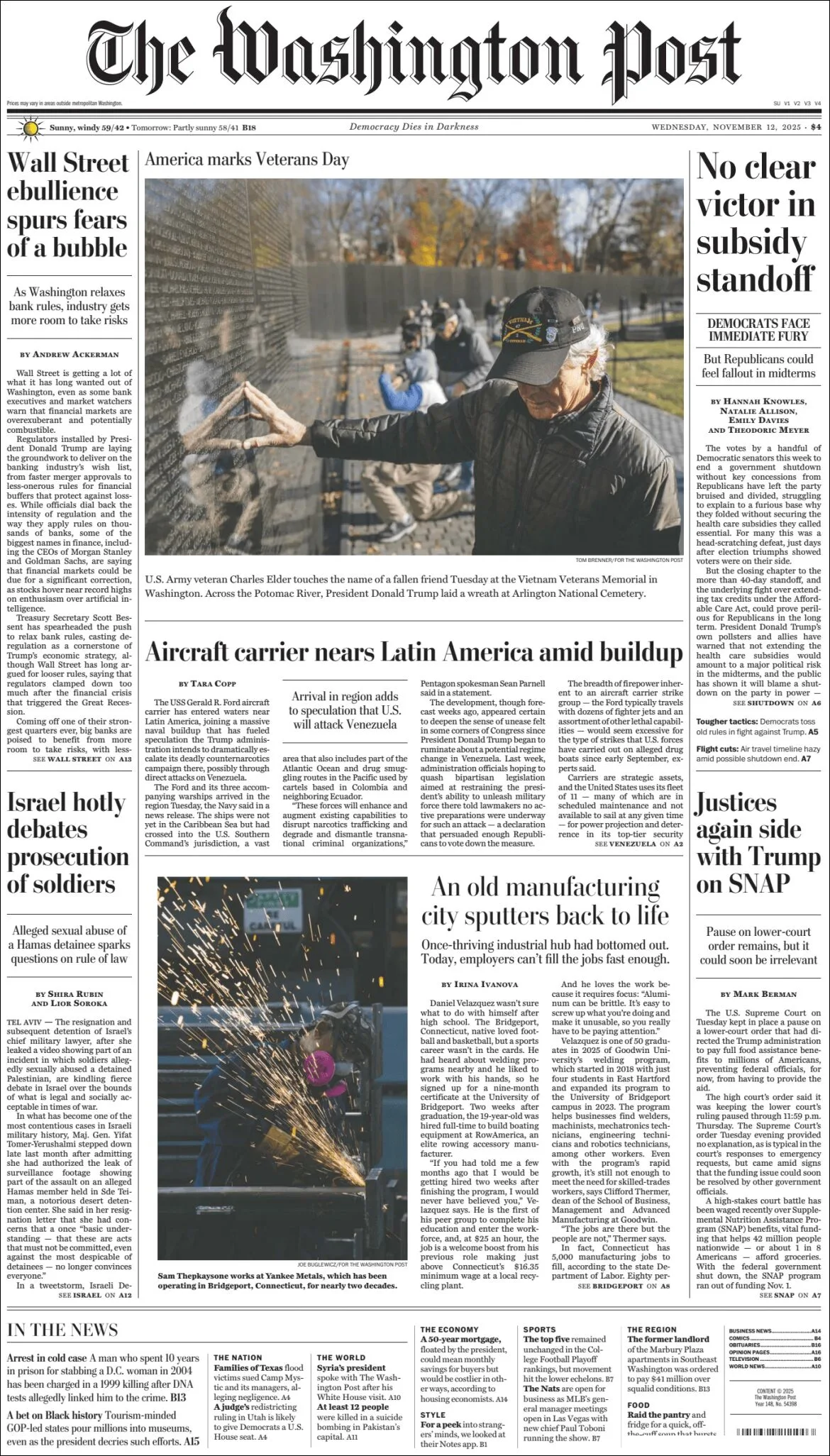 Portada de The Washington Post del miércoles, 12 de noviembre de 2025