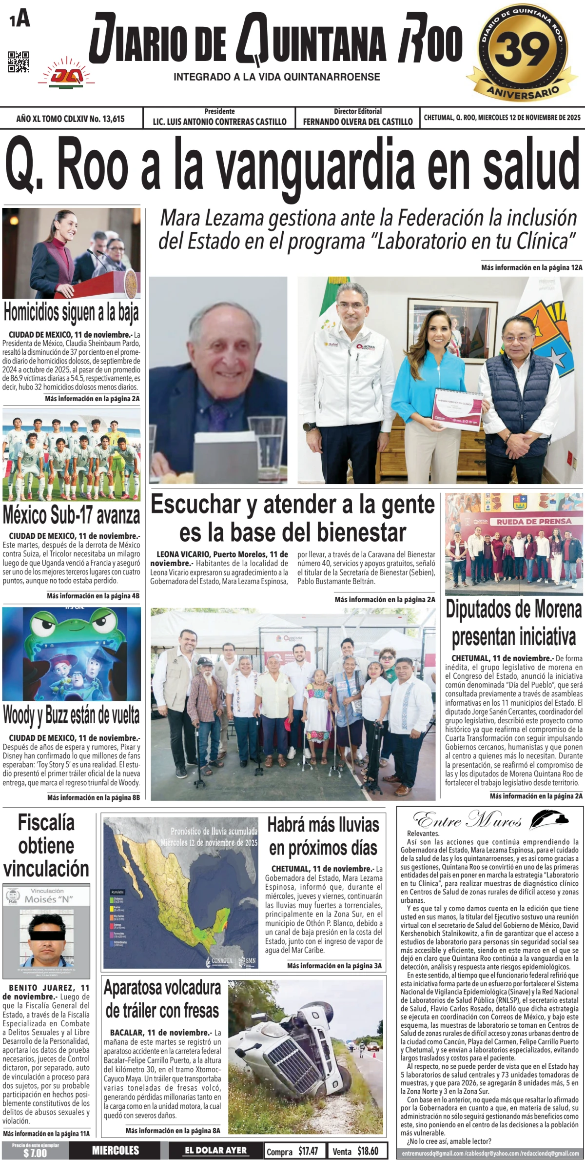 Portada de Diario de Quintana Roo (portada) del miércoles, 12 de noviembre de 2025