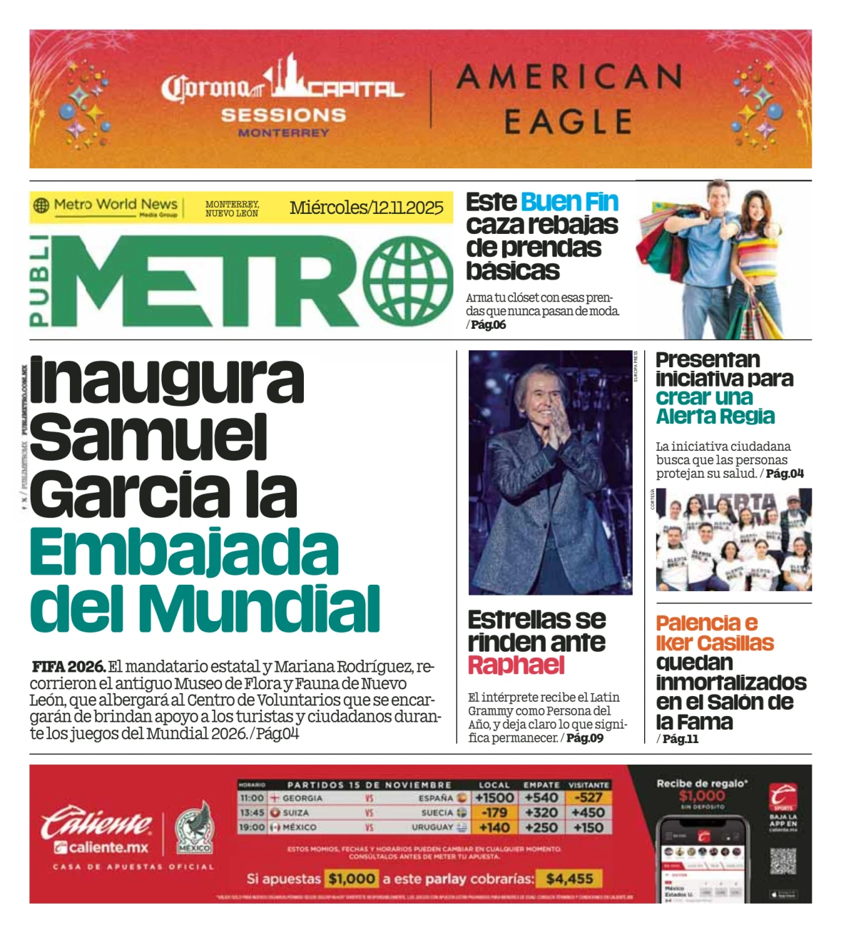 Portada de Publimetro Monterrey del miércoles, 12 de noviembre de 2025