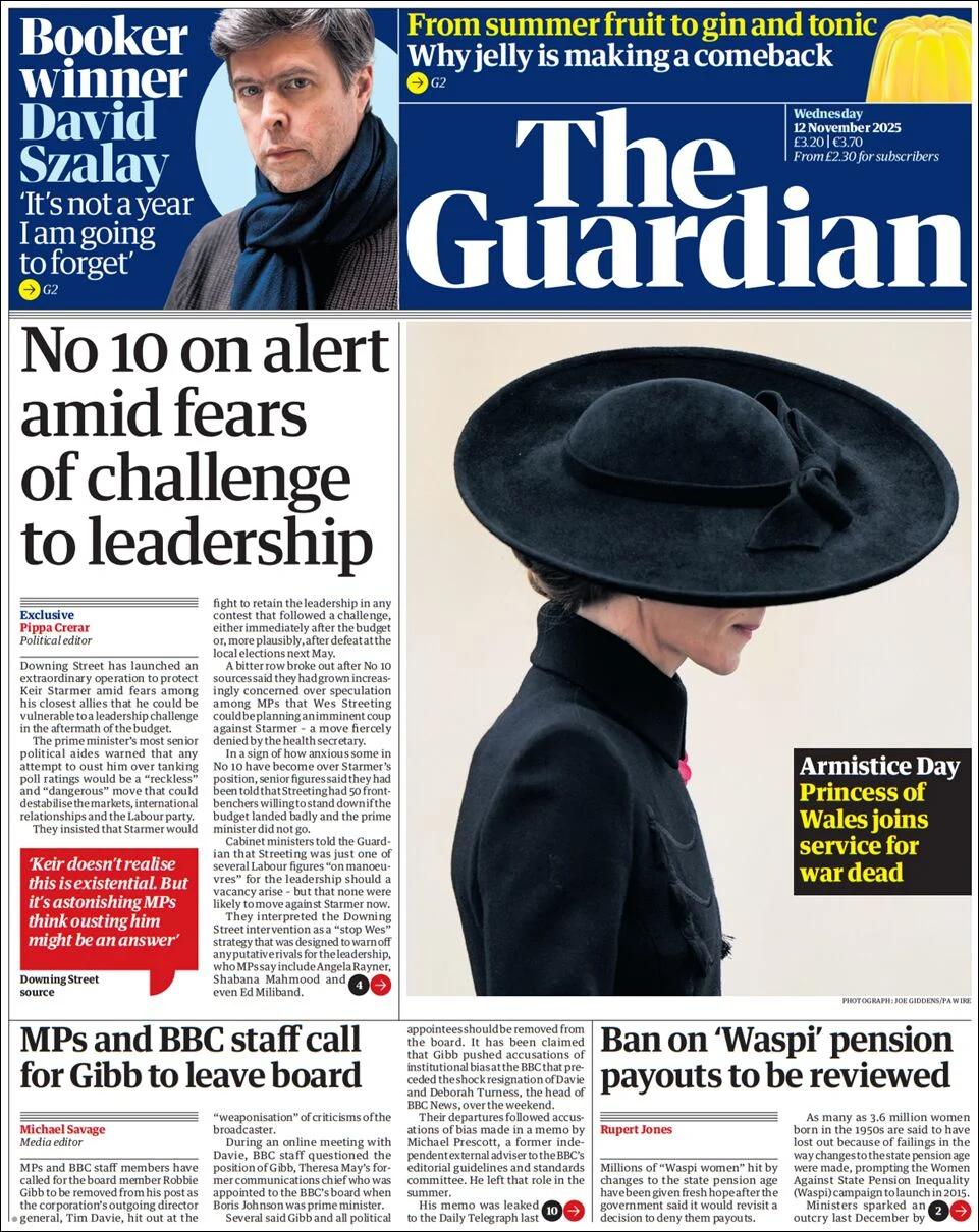 Portada de The Guardian (reino Unido) del miércoles, 12 de noviembre de 2025