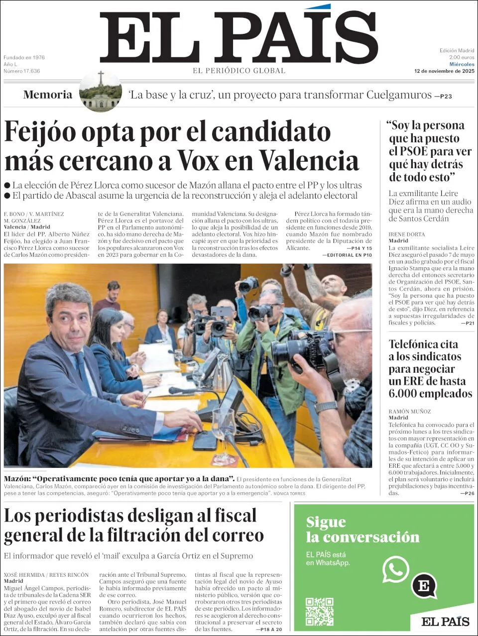Portada de El Pais del miércoles, 12 de noviembre de 2025