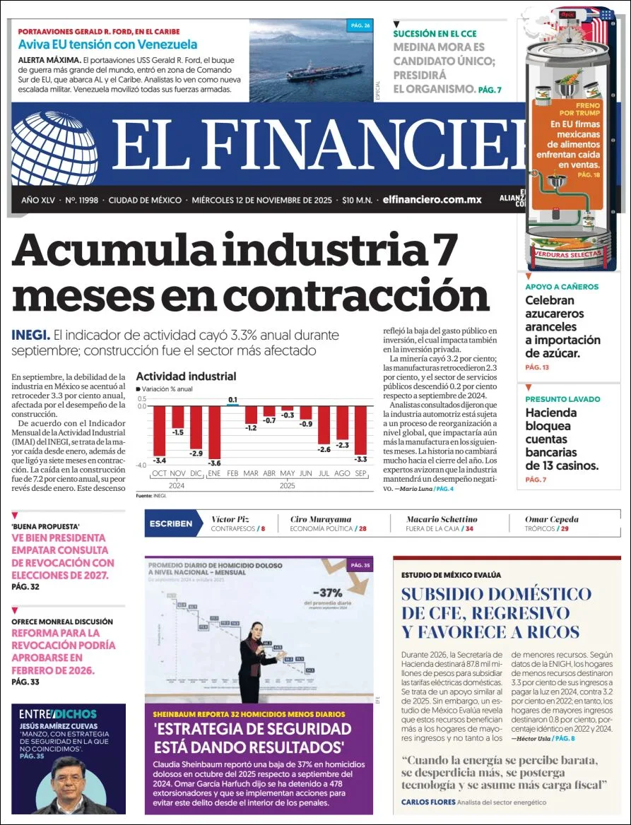 Portada de El Financiero del miércoles, 12 de noviembre de 2025