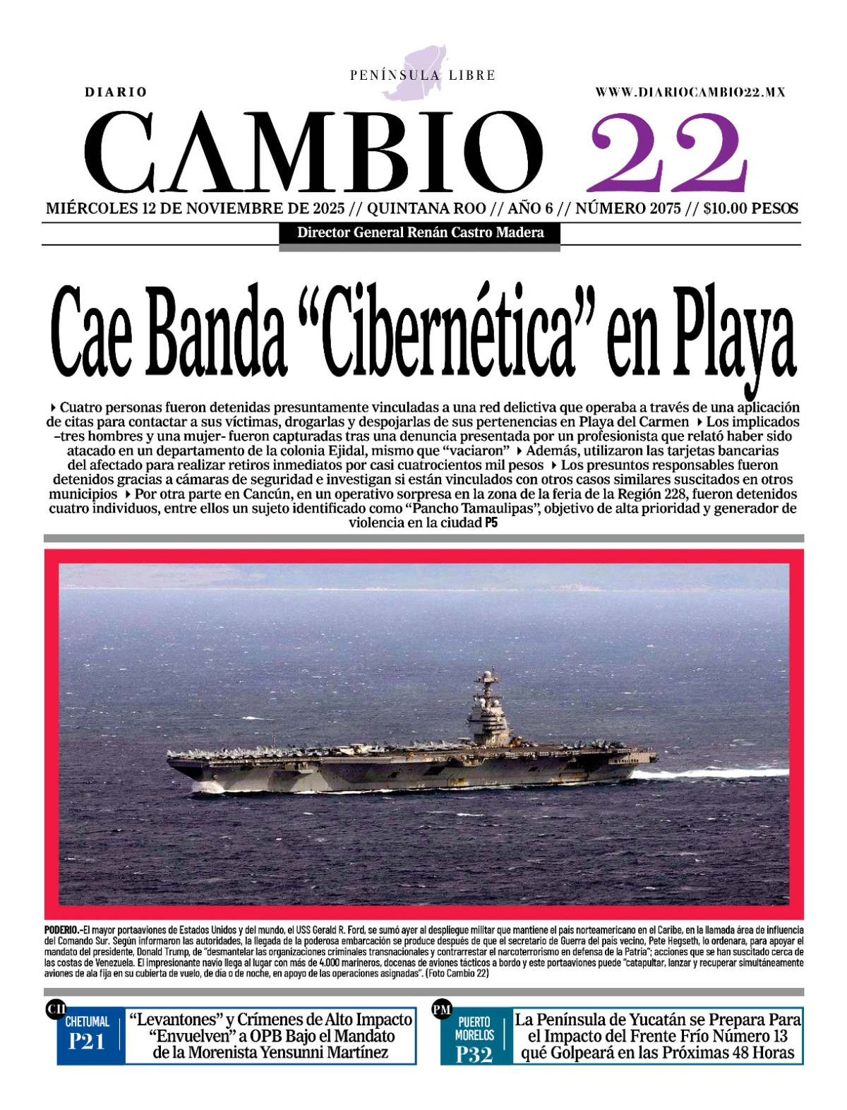 Portada de Diario Cambio 22 (contraportada) del miércoles, 12 de noviembre de 2025