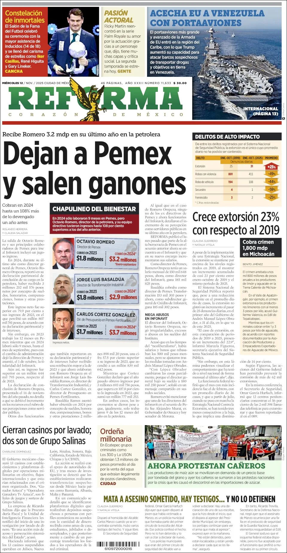 Portada de Reforma del miércoles, 12 de noviembre de 2025
