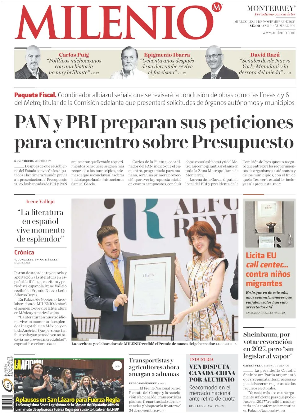 Portada de Milenio del miércoles, 12 de noviembre de 2025