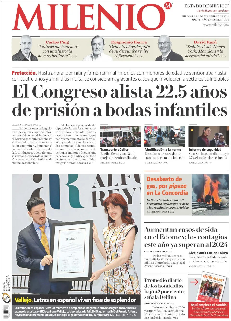 Portada de Milenio Edo de Mexico del miércoles, 12 de noviembre de 2025