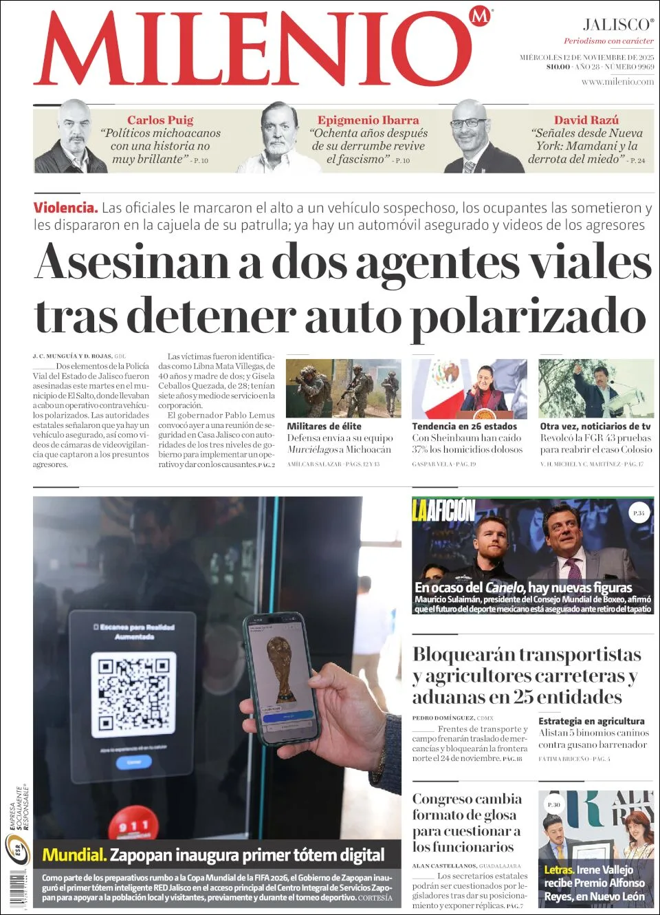 Portada de Milenio Jalisco del miércoles, 12 de noviembre de 2025