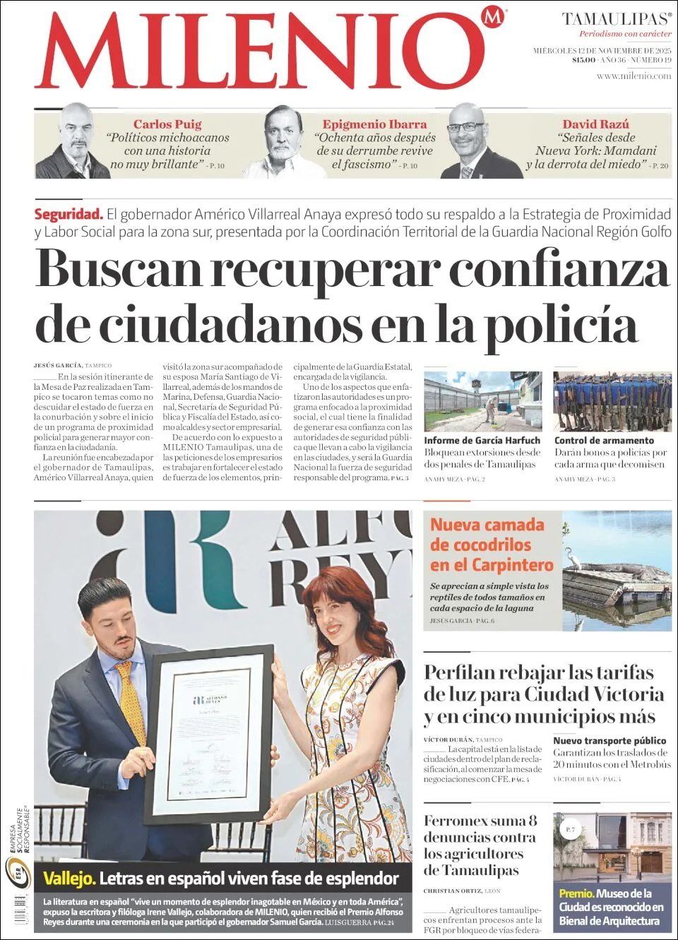 Portada de Milenio Tamaulipas del miércoles, 12 de noviembre de 2025