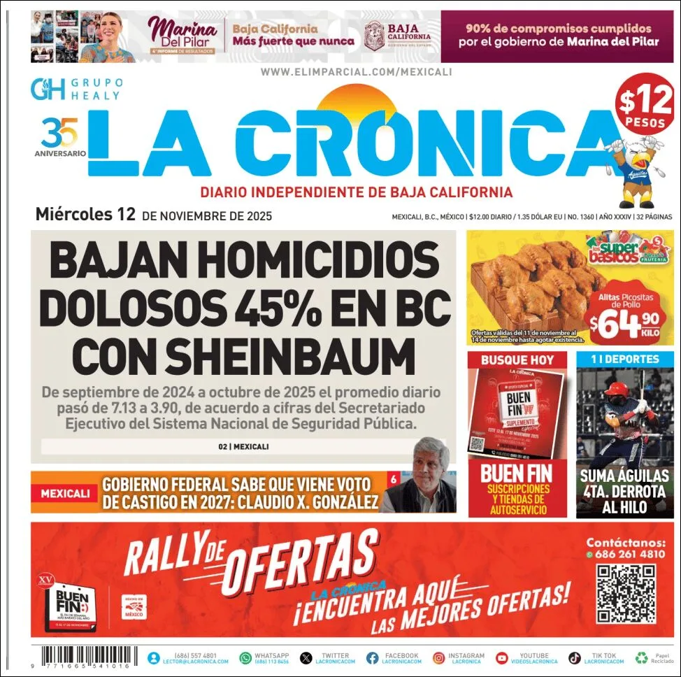 Portada de La Cronica del miércoles, 12 de noviembre de 2025