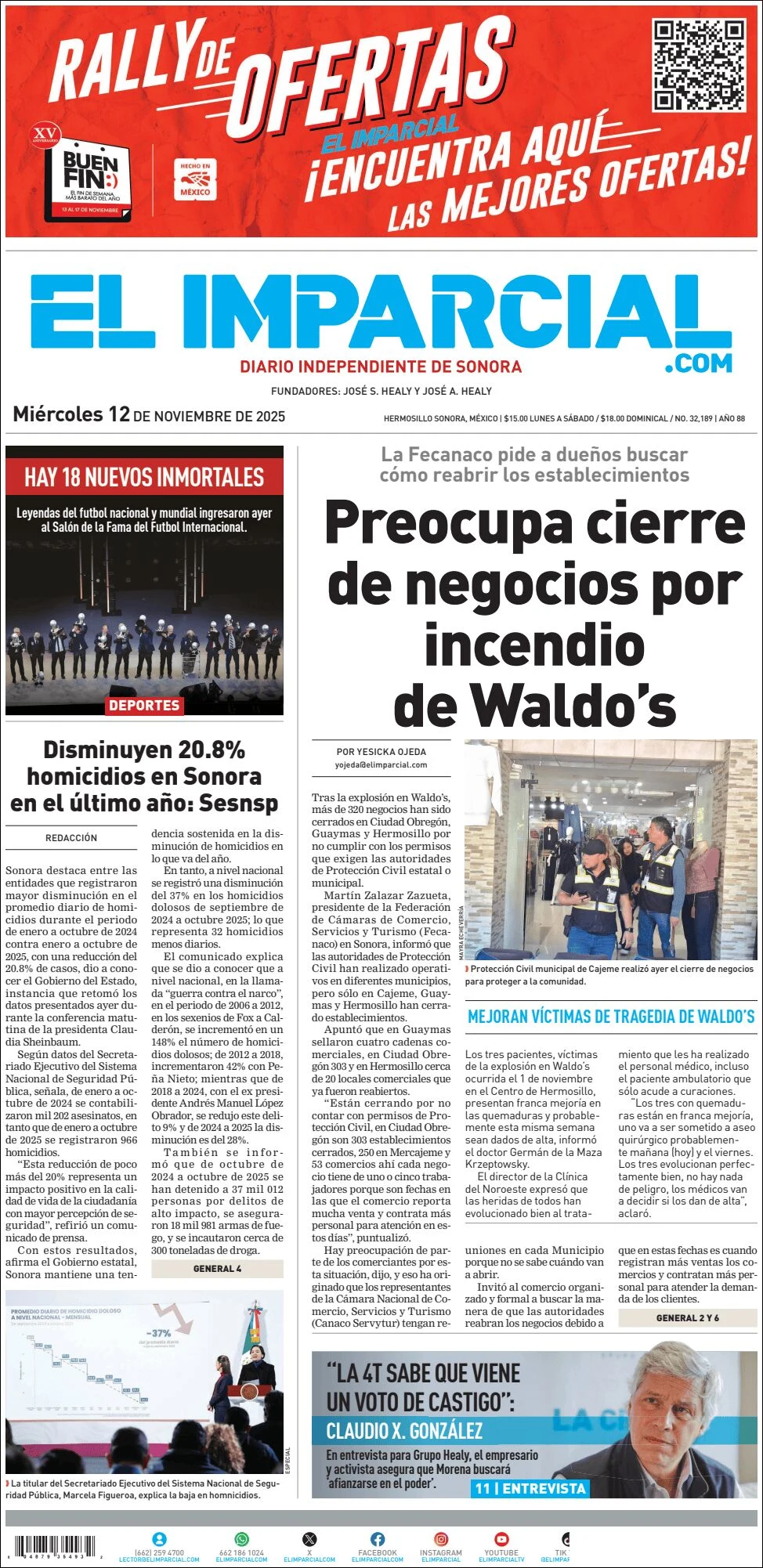 Portada de El Imparcial del miércoles, 12 de noviembre de 2025