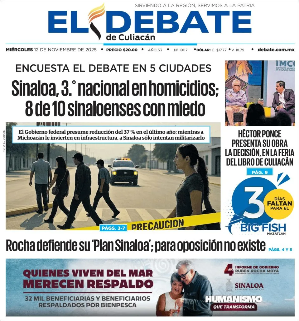 Portada de El Debate de Culiacan del miércoles, 12 de noviembre de 2025