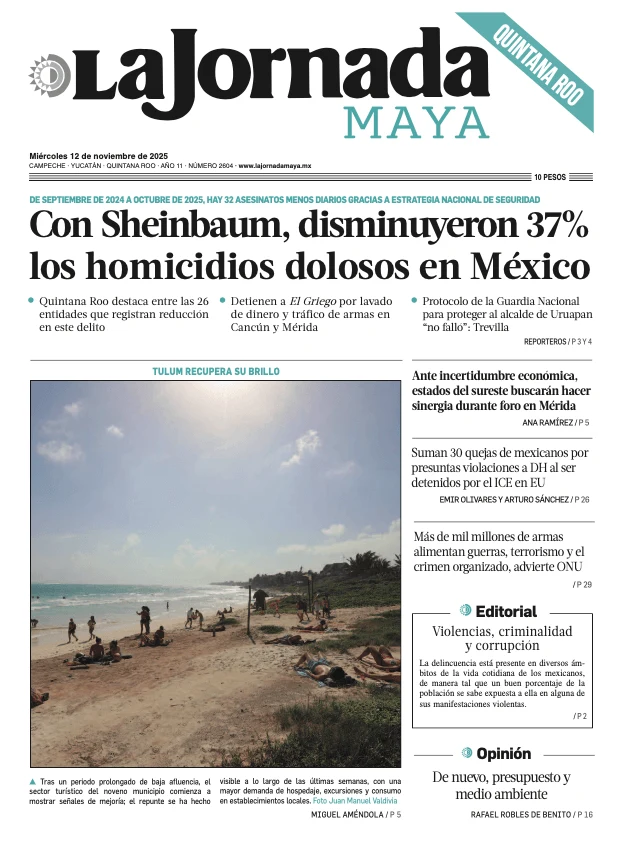 Portada de La Jornada Maya Quintana Roo del miércoles, 12 de noviembre de 2025