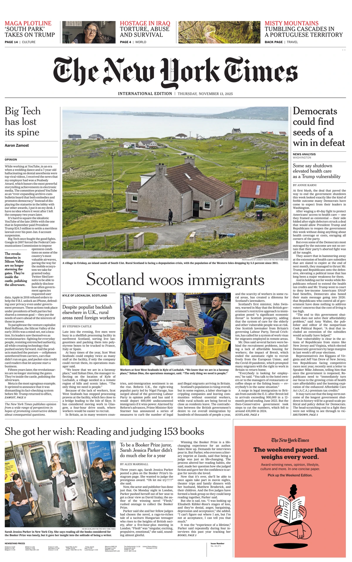 Portada de The New York Times (international) del jueves, 13 de noviembre de 2025