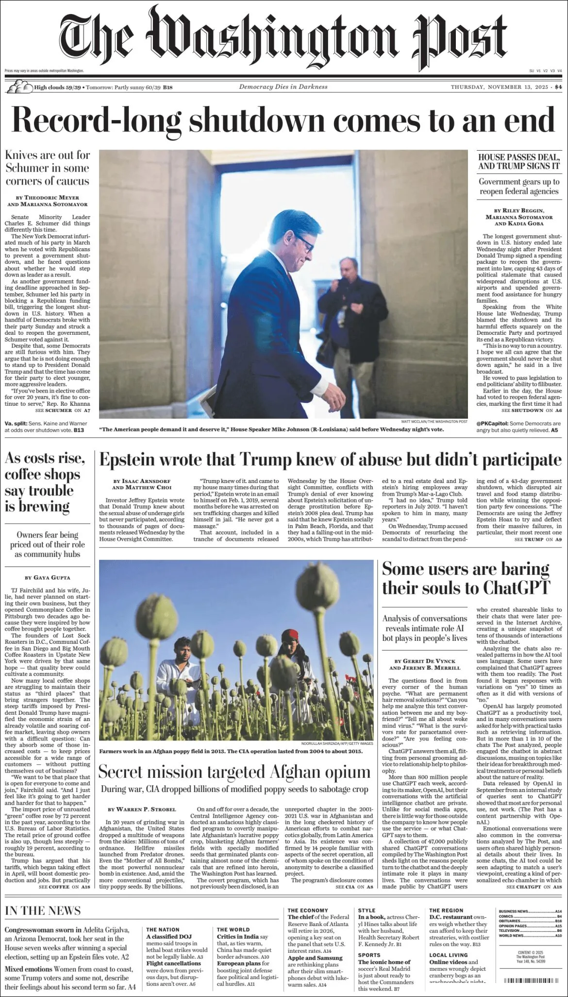 Portada de The Washington Post del jueves, 13 de noviembre de 2025