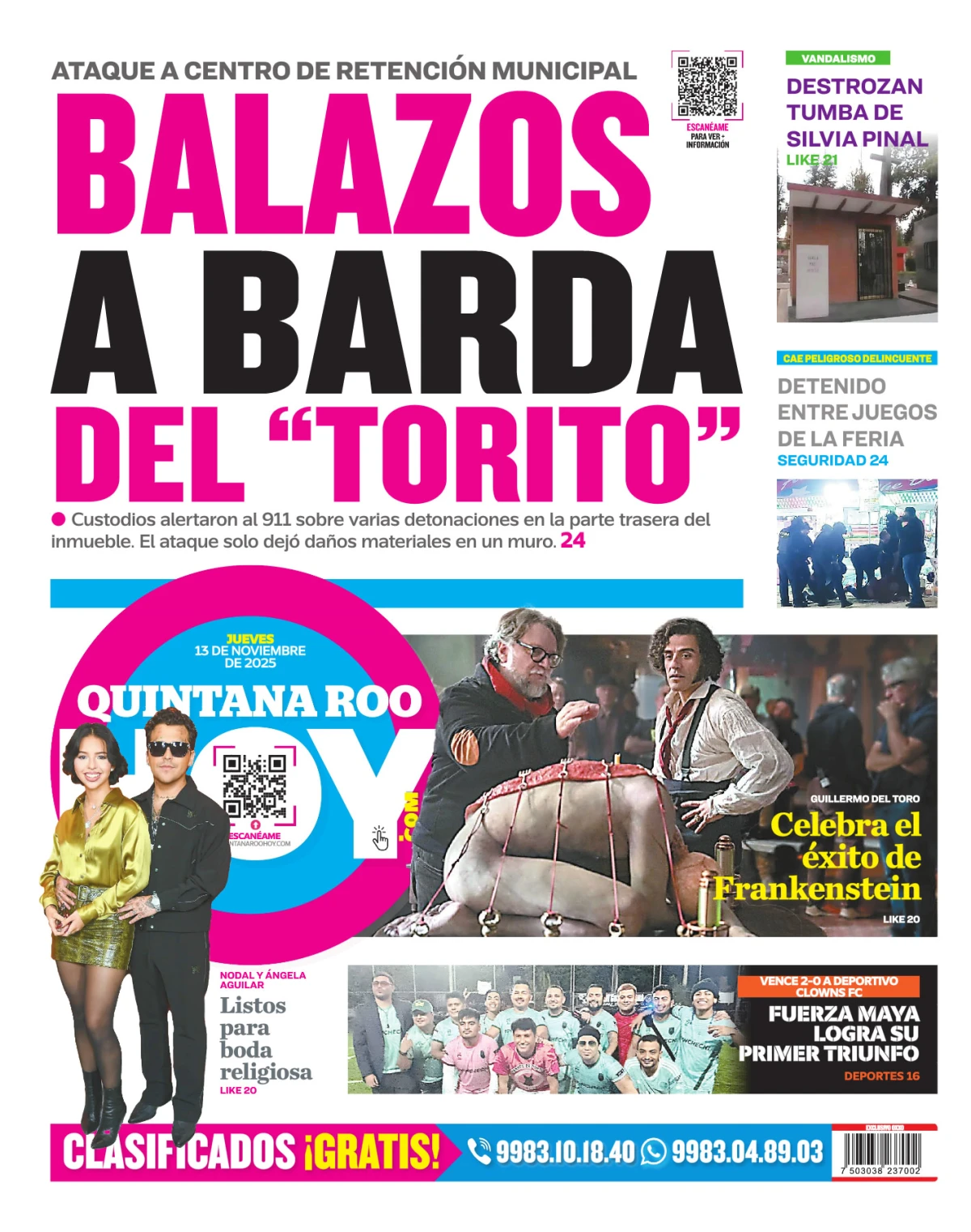 Portada de Quintana Roo Hoy (contraportada) del jueves, 13 de noviembre de 2025