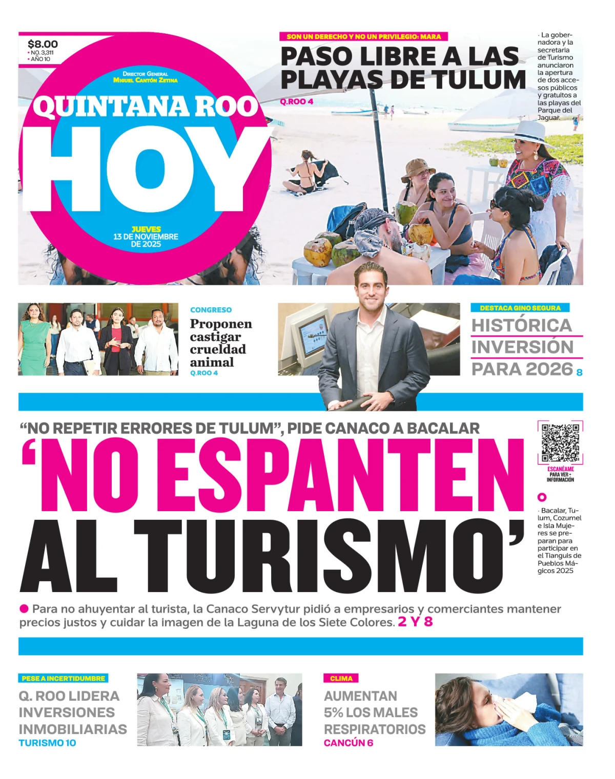 Portada de Quintana Roo Hoy (portada) del jueves, 13 de noviembre de 2025