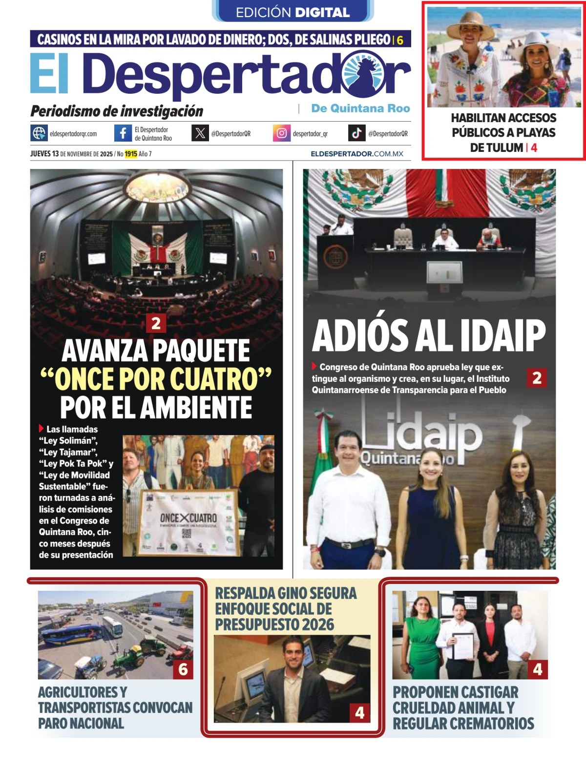 Portada de El Despertador de Quintana Roo del jueves, 13 de noviembre de 2025