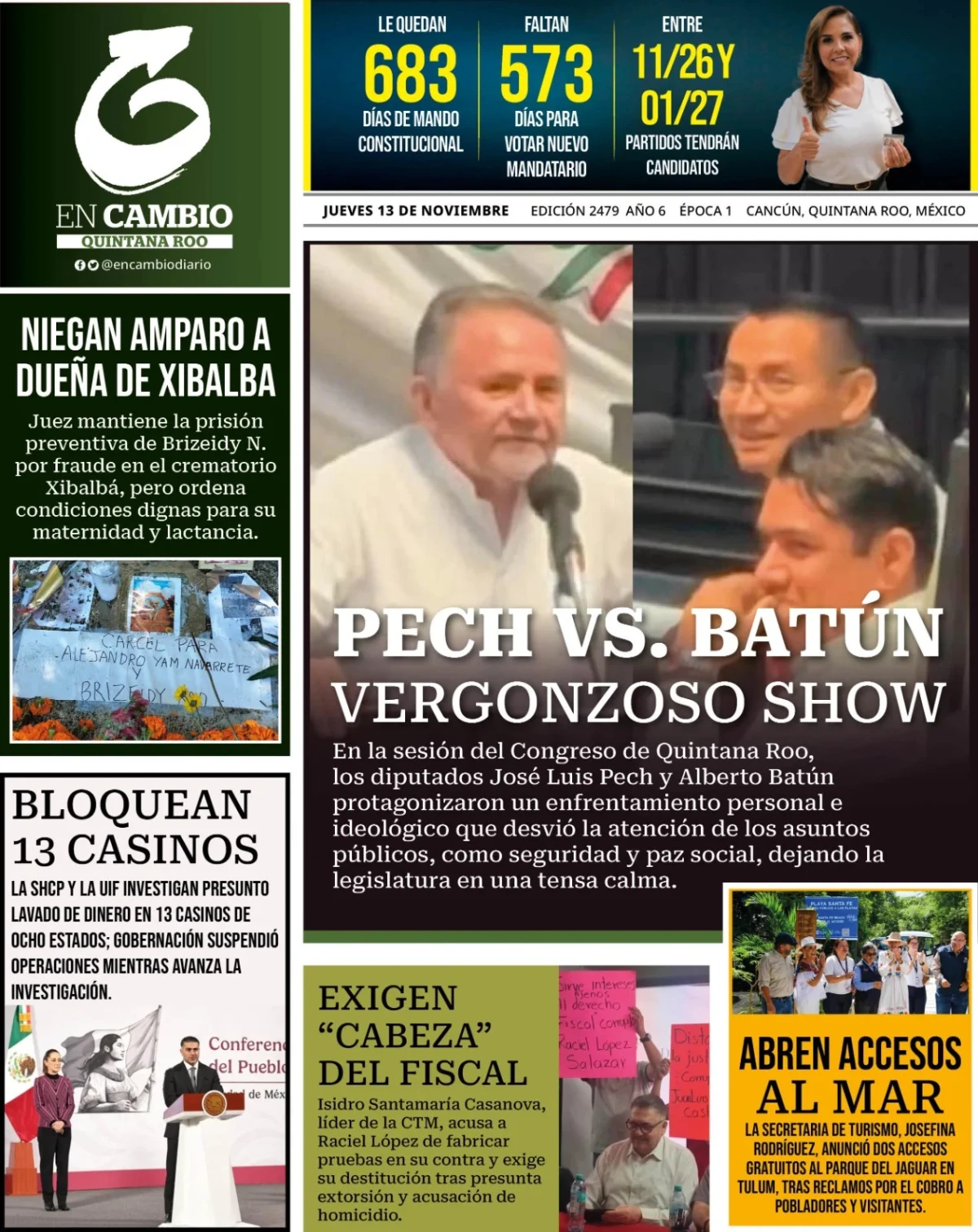 Portada de En Cambio - Quintana Roo (portada) del jueves, 13 de noviembre de 2025