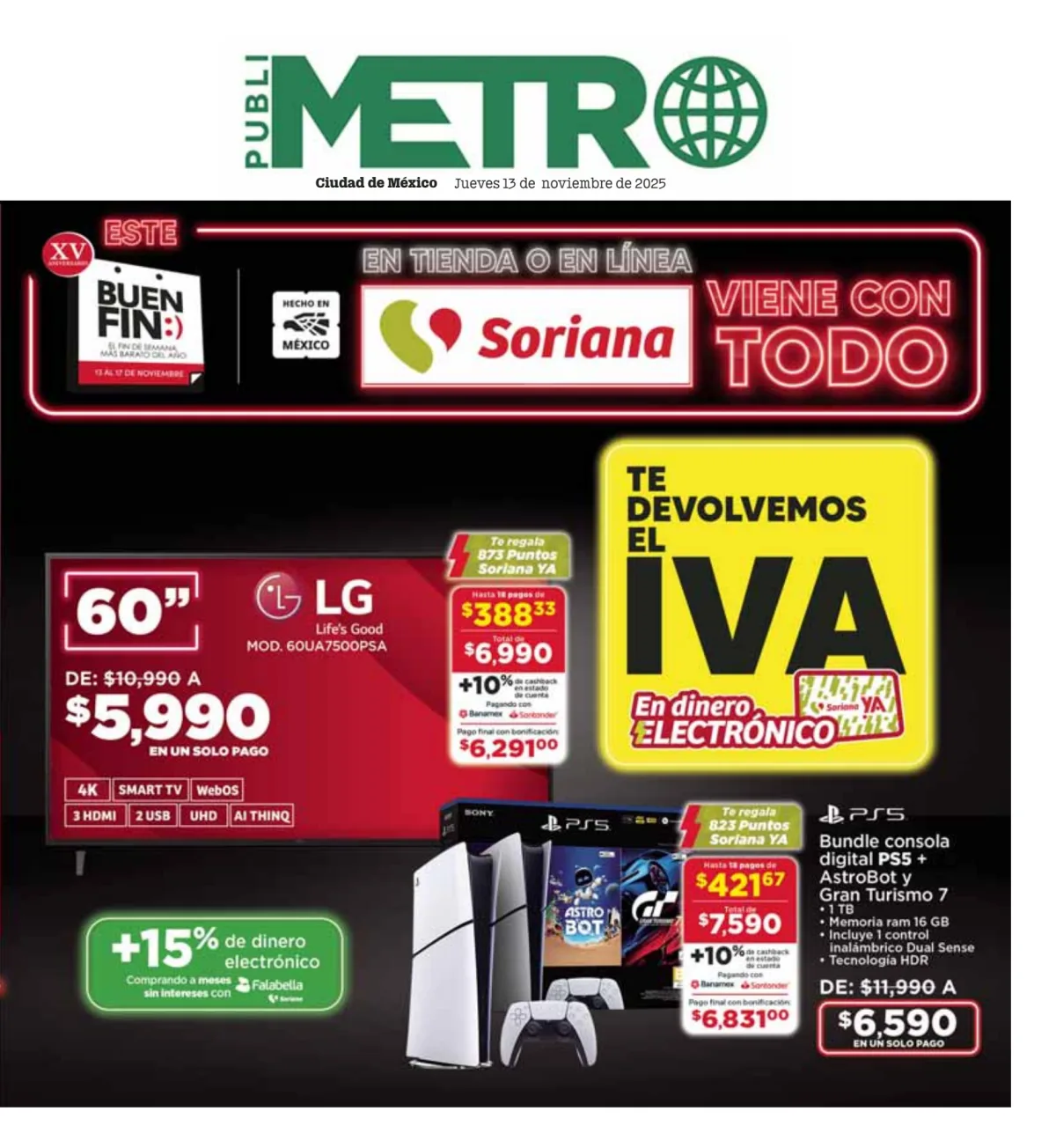 Portada de Publimetro Nacional del jueves, 13 de noviembre de 2025