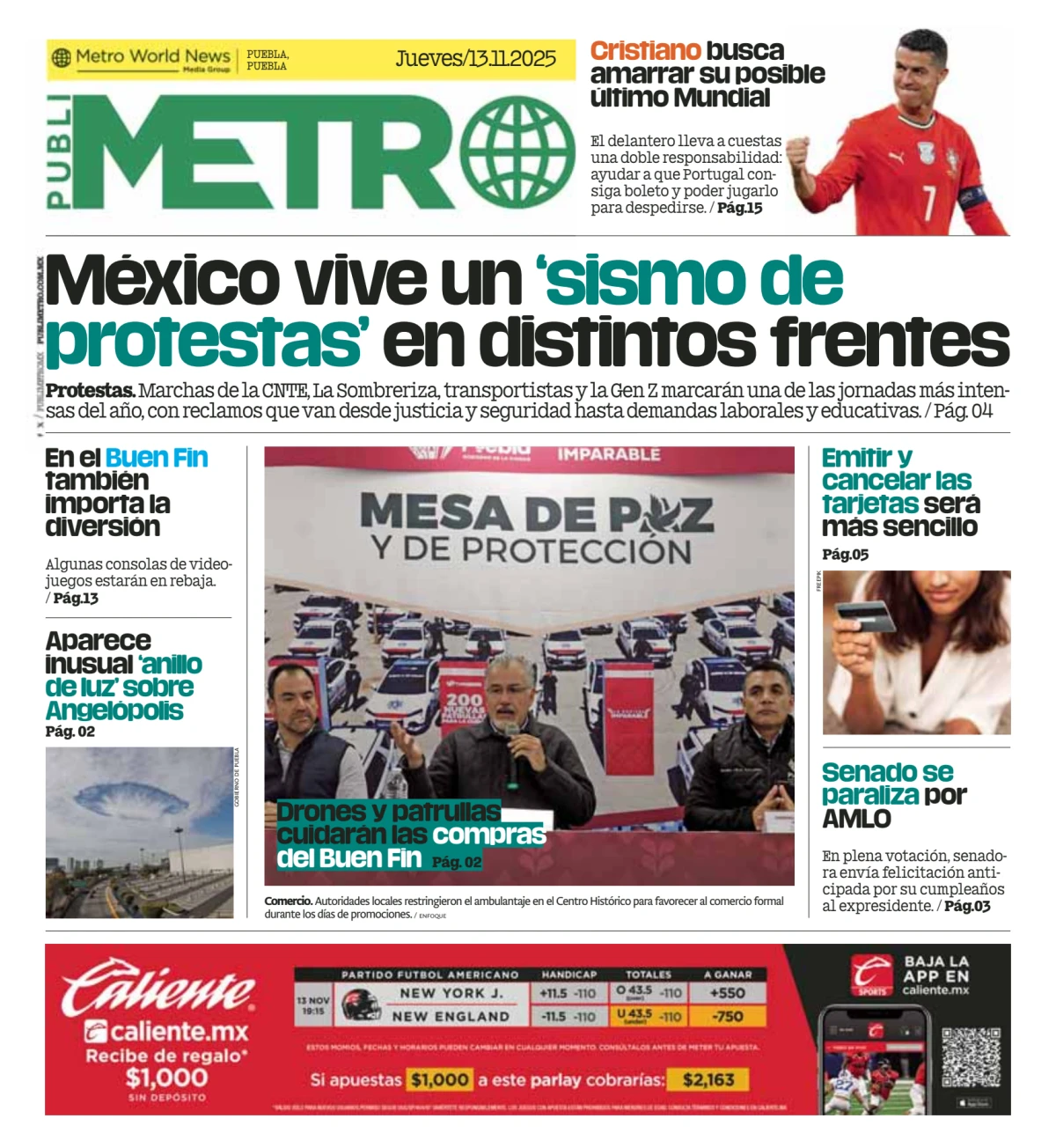 Portada de Publimetro Puebla del jueves, 13 de noviembre de 2025